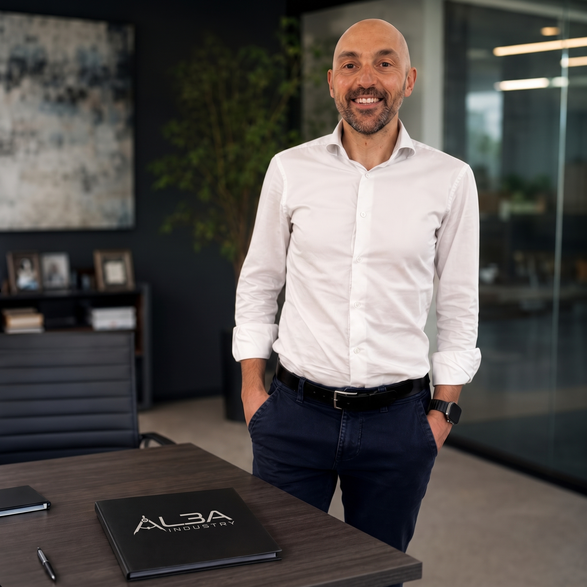 Omar Degli Antoni in ufficio con portfolio ALBA Industry sul tavolo